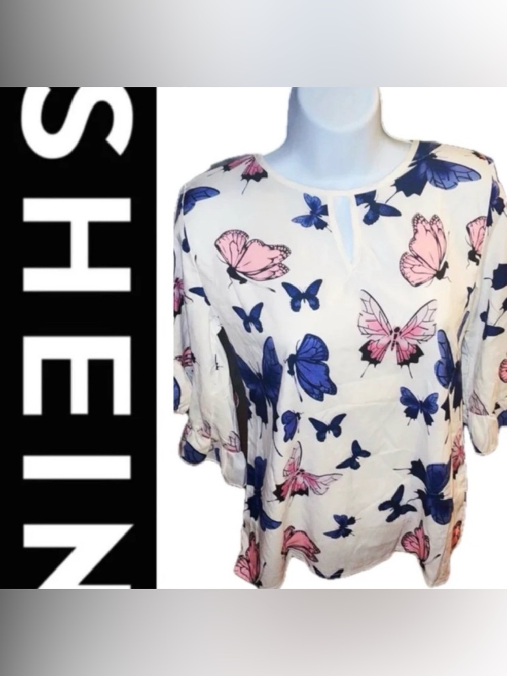 SHEIN White Top with Pink and Blue Butterfly Print